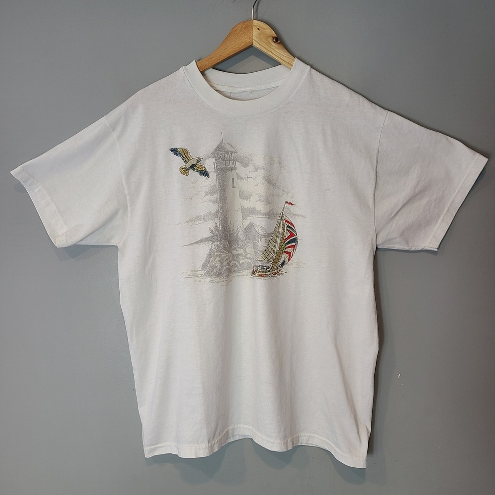Vintage 90s Lighthouse‎ Embroidered Graphic Tee Shirt White Womens Large Coastal
